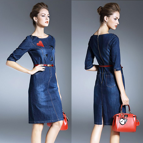 ĐẦM JEAN CỔ TRÒN TAY LỠ THÊU ÉN